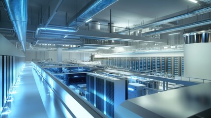 Fototapeta premium Futuristic data center with advanced server racks, cooling systems, and blue LED lighting, emphasizing technology, cloud computing, and cybersecurity. Ideal for IT and infrastructure concepts
