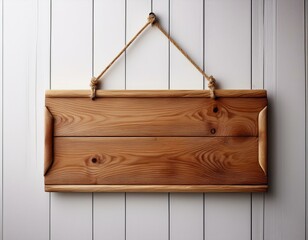 blank wood sign hanging on white wall with area for text