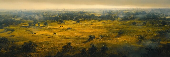 Golden Grassland Landscape With Grazing Animals