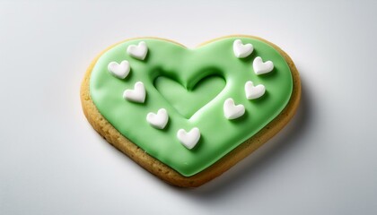 Obraz premium green frosted cookie with heart decoration on white background