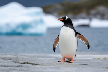 Obraz premium A penguin stands on a rocky shoreline next to a large ice block. The scene is serene and peaceful, with the penguin looking out over the water