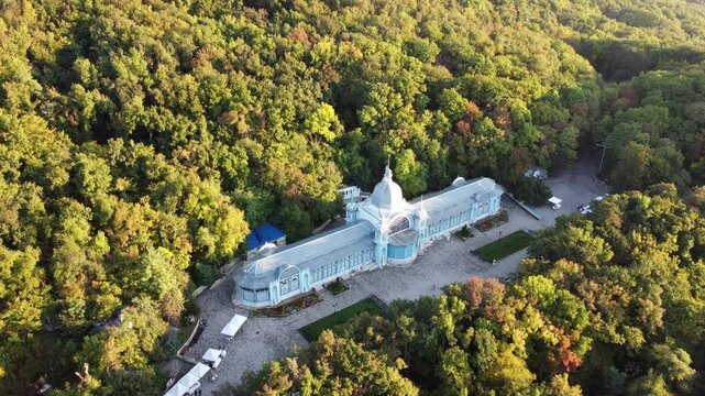 Russia, Stavropol Territory, city of Zheleznovodsk September 20 2022, Pushkin Gallery at the foot of Mount Zheleznaya. Panoramic species in the early morning at the Pushkin Gallery in the city of Zhel