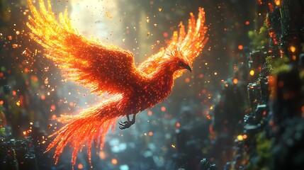 Fiery phoenix emerging from pixelated ruins with a radiant display of digital rebirth