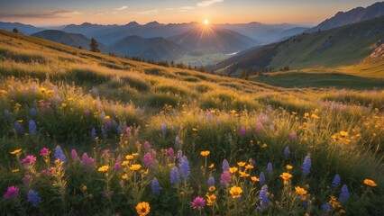 Wildflower field with sunrise mountain landscape