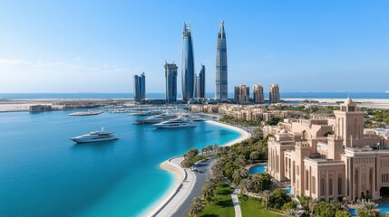 Obraz premium A vibrant daytime view of Abu Dhabi, the crystal-clear waters of the Arabian Gulf, a modern Middle Eastern atmosphere 