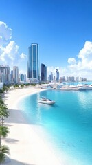 Naklejka premium Abu Dhabi, the skyline with Etihad Towers , the crystal-clear waters of the Arabian Gulf, lush palm-lined boulevards and luxury yachts 