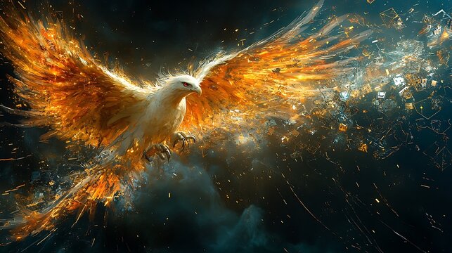 Majestic phoenix soaring above fragmented cyber structures symbolizing renewal and strength
