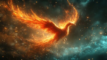 Bright fiery phoenix emerging from cyber ruins symbolizing digital transformation
