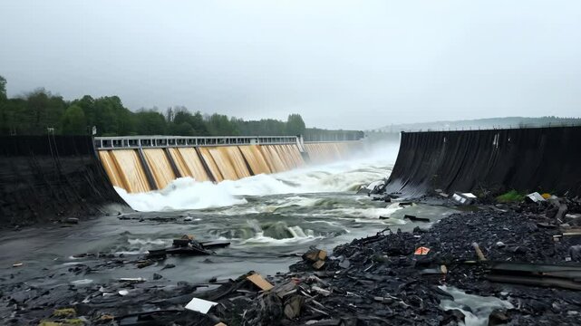 Zooming out from a close-up of gushing water breaking through a shattered dam, revealing a powerful current sweeping away concrete debris and trees under overcast light.