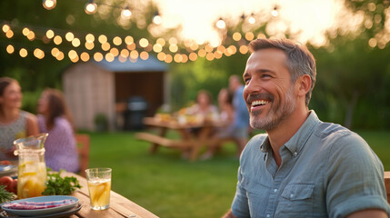 Friendly man engaging in conversation at a backyard gathering