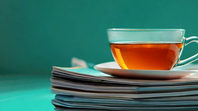 A stack of glossy magazines with a cup of tea on top, set against a teal background.