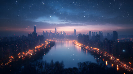 Fototapeta premium Snowfall over a city skyline at dusk with reflections on a river and glowing street lights