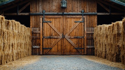 Rustic barn doors, hay bales, gravel path, rural setting; farm, agriculture, country