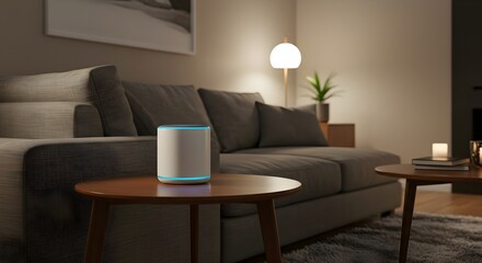 A modern living room featuring a stylish speaker on a coffee table, complemented by a cozy couch and warm lighting for a relaxed atmosphere.