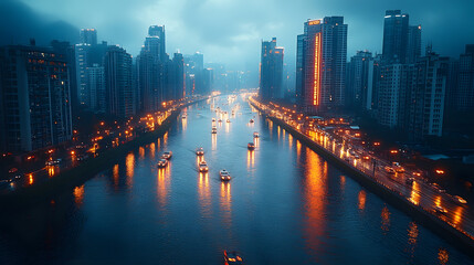 Fototapeta premium Evening city skyline illuminated by lights reflecting on the water in a bustling urban area