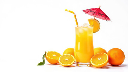 illustration of cool drink in glass with straw, umbrella, and ice cubes, surrounded by oranges, athmosphere summer time