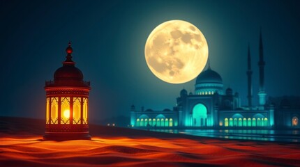 Glowing Lantern Mosque Night Scene Ramadan Background