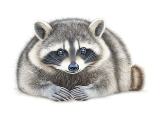 Fototapeta premium A charming raccoon rests peacefully, its dark eyes and fluffy fur captivating.