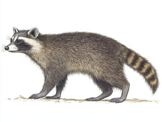 A detailed illustration of a North American raccoon in profile view, showcasing its distinctive markings and fur.