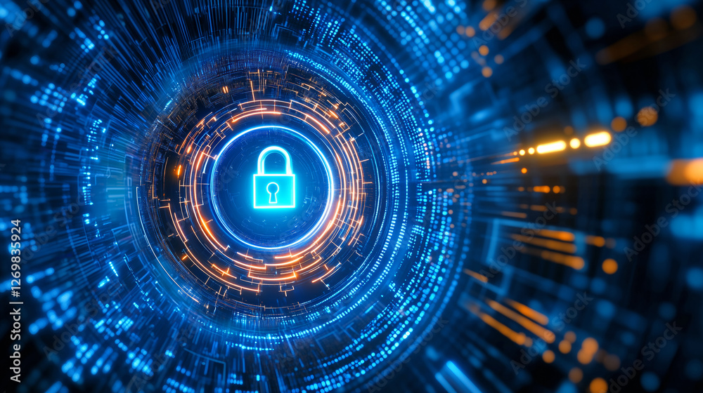 Poster a digital lock symbol appears in a circular high-tech matrix. glowing lines and shapes represent sec