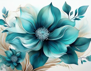 abstract teal and blue flower composition digital art isolated on white background floral design nature inspired floral abstract digital art nature
