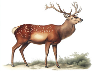 Fototapeta premium A majestic deer, showcasing its spotted coat and impressive antlers, stands in a natural setting.