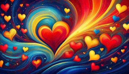 an abstract artwork featuring hearts in vibrant reds blues and yellows silently communicating against a swirling celestial background evoking a deep emotional connection