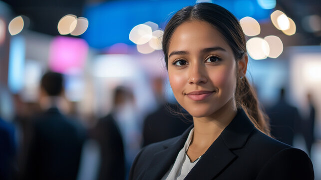 Young female entrepreneur at networking event in modern venue, confident attire