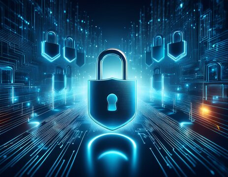 digital image illustrating cybersecurity concepts with glowing locks and data flow symbolizing technology safety and digital protection