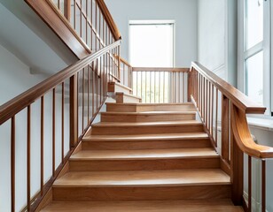 staircase with wooden railings and white st perfect for design