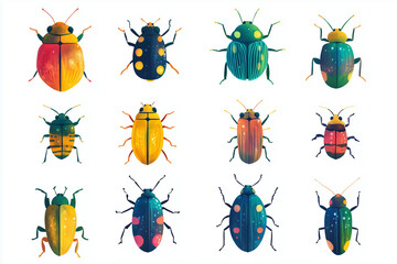 A Sprite Sheet of Colorful Painterly Beetles, Watercolor