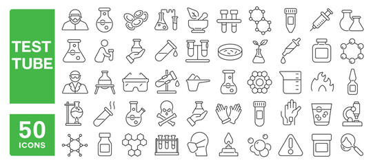 Set of 50 line icons related to test tube, beaker, flask, glassware, lab, chemistry, science, drop, liquid, analysis, jar, glass, bottle, reaction, Editable stroke. Vector illustration