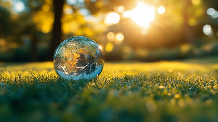 Globe glass on green grass in forest with sunlight symbolizing Earth Day, saving the environment, and promoting sustainability. Concept of modern environmental protection
