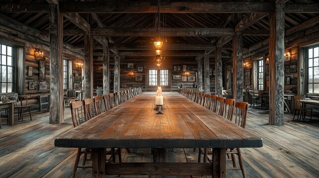 Rustic long wooden table in historic log cabin dining hall - Powered by Adobe