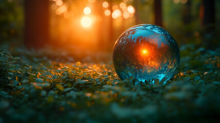 Globe glass on green grass in forest with sunlight symbolizing Earth Day, saving the environment, and promoting sustainability. Concept of modern environmental protection