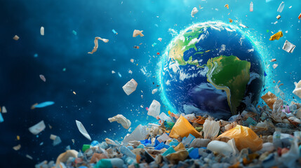 Fototapeta premium A depiction of Earth enveloped by a vast array of garbage and waste materials, symbolizing the urgent global issue of pollution. The setting features vivid colors and an oceanic backdrop