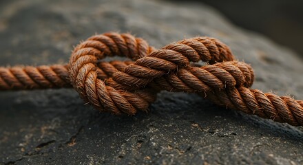 A close-up of a tightly knotted rope resting on a textured surface, showcasing intricate details of the fibers and the knot's craftsmanship.