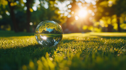 Globe glass on green grass in forest with sunlight symbolizing Earth Day, saving the environment, and promoting sustainability. Concept of modern environmental protection
