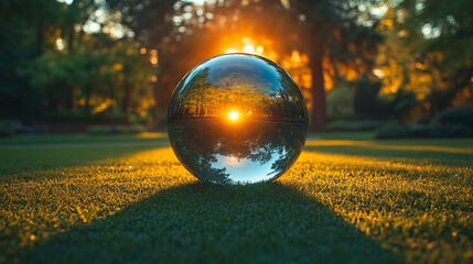 Globe glass on green grass in forest with sunlight symbolizing Earth Day, saving the environment, and promoting sustainability. Concept of modern environmental protection