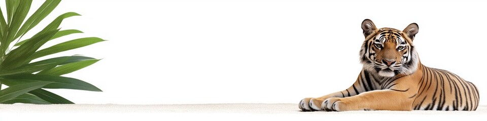 Fototapeta premium A tiger is laying on the ground in front of a green plant. The tiger is the main focus of the image, and the plant serves as a background. Concept of calm and relaxation