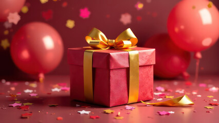 Luxury party gift box with golden ribbon bow on festive birthday background with balloons, confetti