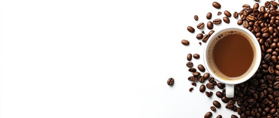 A cup of freshly brewed coffee with scattered roasted coffee beans on a white background, providing ample space for text. Ideal for branding, advertising, and cafe promotions