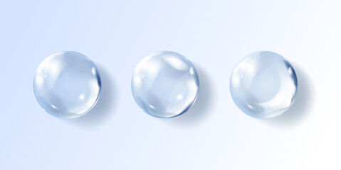 Transparent hyaluronic acid bubbles. Clear collagen drops. Cosmetic serum. Skin care product. Vector illustration
