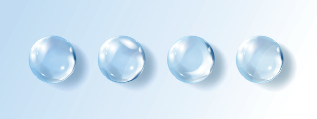 Transparent hyaluronic acid bubbles. Clear collagen drops. Cosmetic serum. Skin care product. Vector illustration