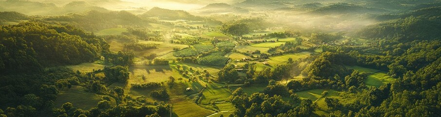 Lush Green Valley Farmscape Sunrise Mist
