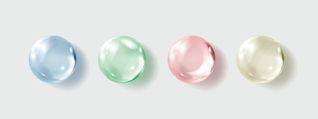 Transparent hyaluronic acid bubbles. Clear collagen drops. Cosmetic serum. Skin care product. Vector illustration