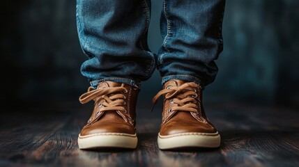 Footwear of a father and son rests together on a darkened wooden surface, symbolizing their shared moments and close connection. The casual elegance of their shoes highlights their journey