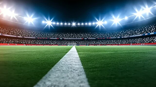 A visually striking versus background for a football match, showcasing a panoramic view of a brightly lit stadium, with team logos prominently displayed on either side and a green