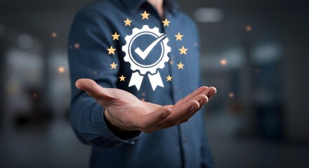 A person holds out a hand displaying a digital badge symbolizing quality and excellence, surrounded by stars, in a professional setting.