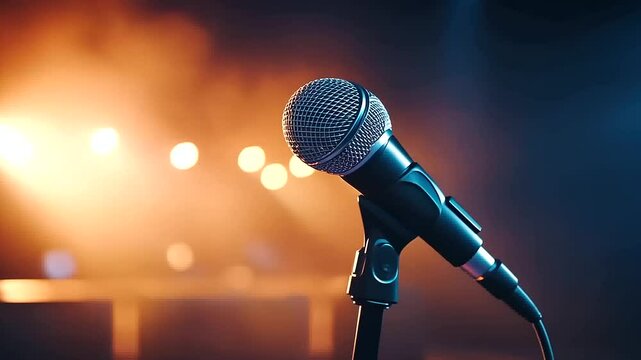 A striking image of a modern microphone on a sleek stand, set against a warm bokeh light background with hints of stage smoke, creating the perfect vibe for an open mic night